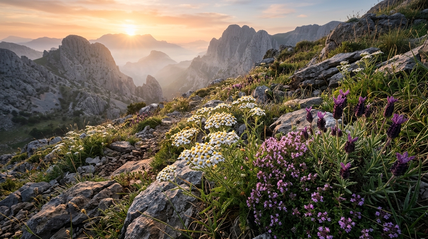 Morgendämmerung im anatolischen Taurusgebirge mit wild wachsender Schafgarbe, Berg-Thymian und Schopflavendel auf Felsboden