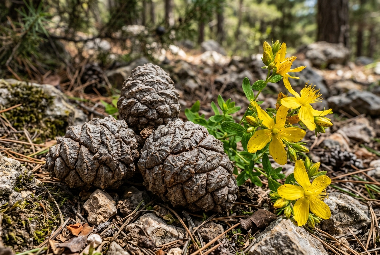 Makroaufnahme von Andiz-Wacholderzapfen und leuchtend gelben Johanniskrautblüten auf Waldboden im Taurusgebirge