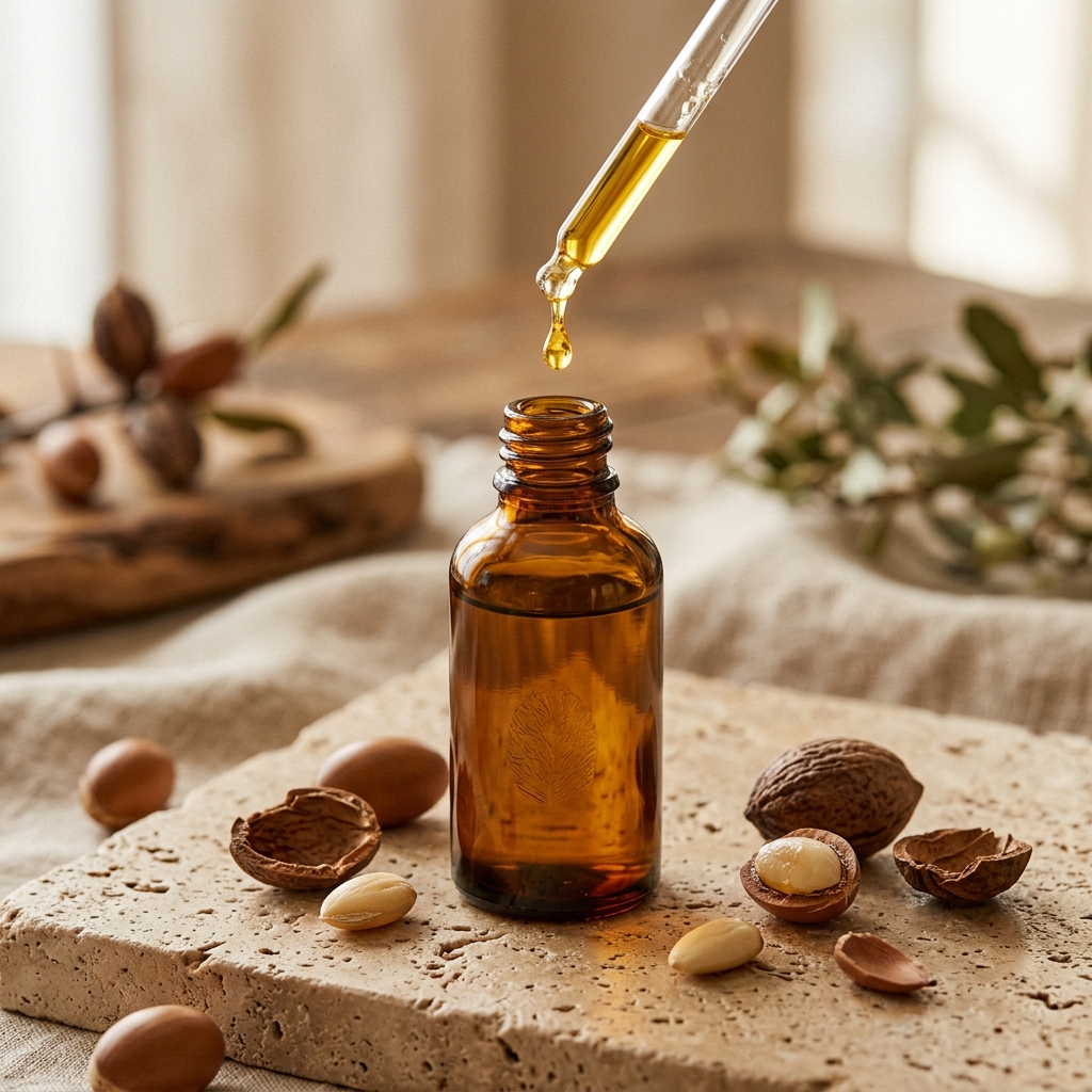 Goldenes Arganöl in Braunglasflasche mit Pipette und natürlichen Argannüssen