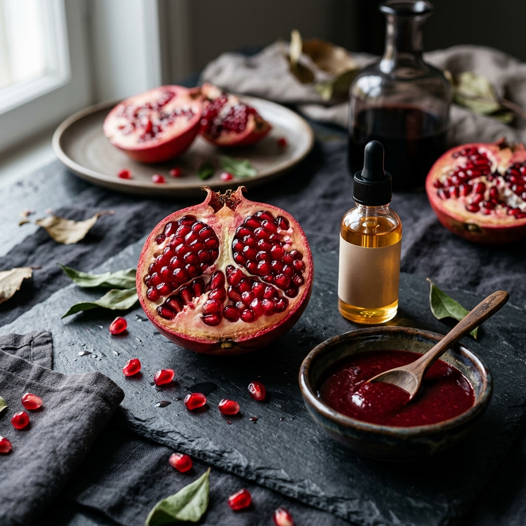 Aufgebrochener frischer Granatapfel mit Granatapfelkernöl und dunklem Granatapfelsirup
