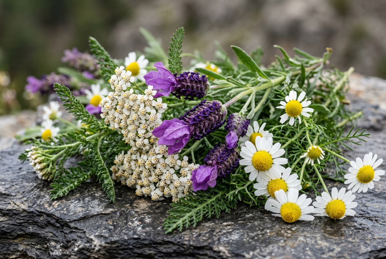 Botanisches Stillleben mit frisch gepflücktem Schopflavendel, Schafgarbenblüten und echter Kamille auf Gebirgs-Schieferstein