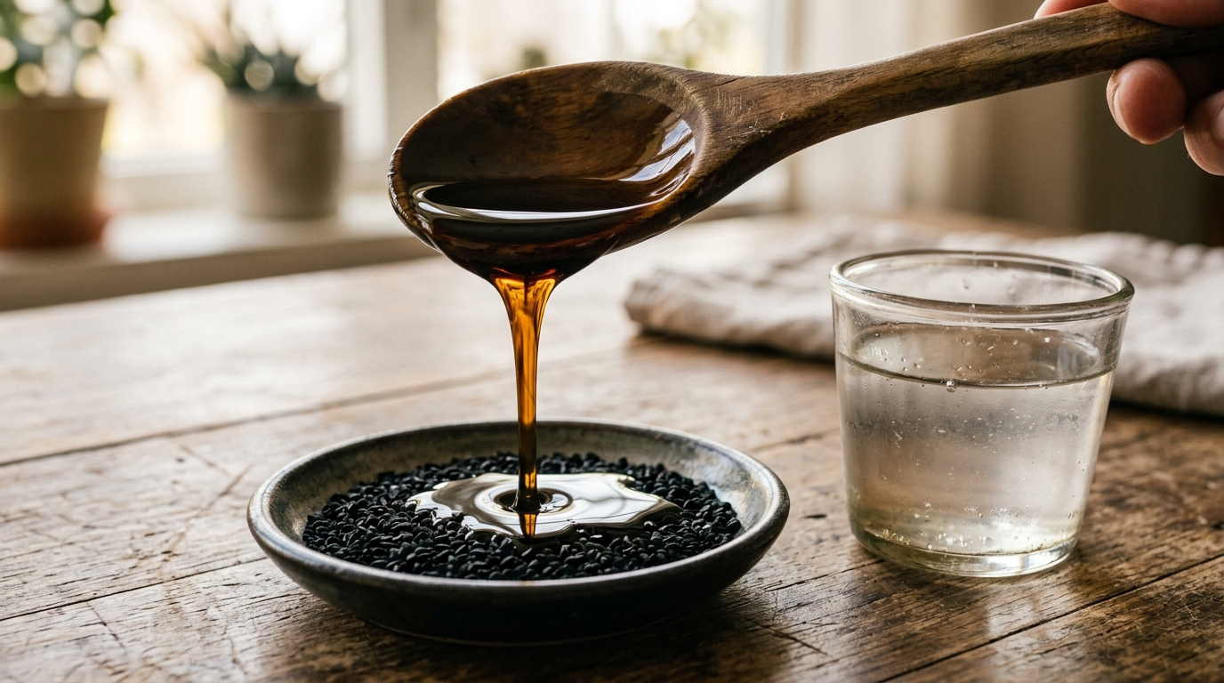 Holzlöffel mit golden-dunklem Schwarzkümmelöl und Glas lauwarmes Wasser zum Morgenritual