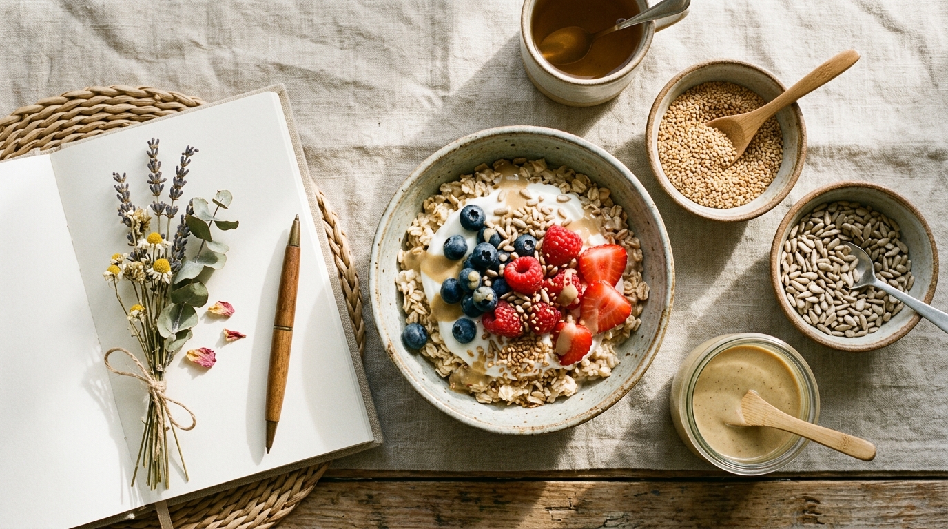 Seed Cycling Ritual mit Sesamsaat, Sonnenblumenkernen, cremigem Steinmühlen-Tahini und Frühstücks-Porridge