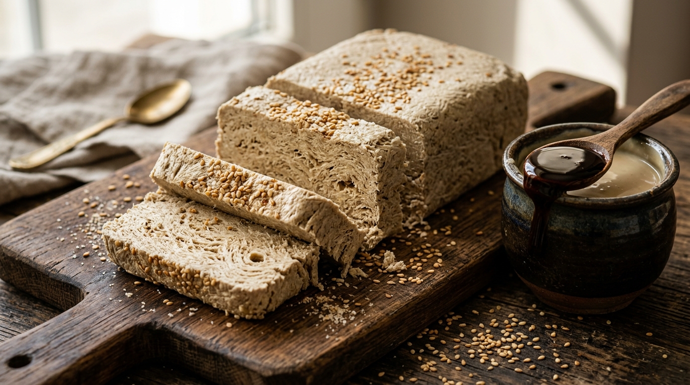 Traditionelle Tahin-Halva mit feiner Faserstruktur auf Holzbrett mit Pekmez und Sesamsamen