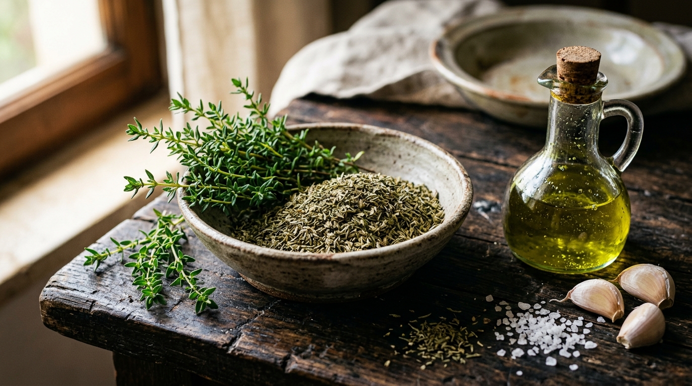 Frischer und getrockneter Thymian mit kaltgepresstem Olivenöl, Knoblauch und Meersalz auf rustikalem Holztisch