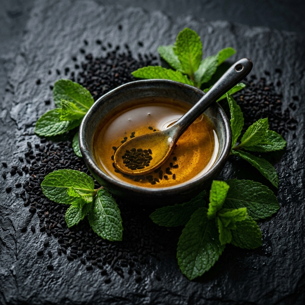 Produktbild: Schwarzkümmelöl mit frischer Minze
